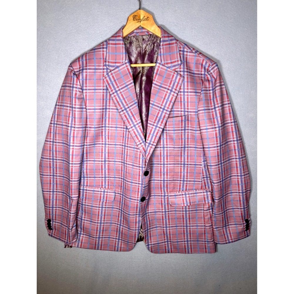 French Crown Mens 44 Turkish Pink Blue Plaid Blazer Sport Coat Lined Two Button